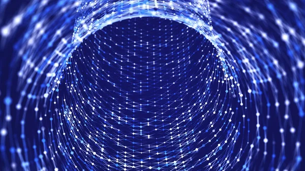 ワイヤーフレームトンネル 点と線で抽象空間 遠近法メッシュの背景 ネットワーク構造 3Dレンダリング — ストック写真
