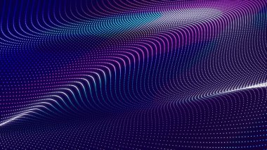 Müzik dalgası. Birbirine bağlı noktalar ve çizgiler olan güzel bir çizim. Dijital ağ arka planı. 3B görüntüleme
