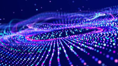 Müzik dalgası. Birbirine bağlı noktalar ve çizgiler olan güzel bir çizim. Dijital ağ arka planı. 3B görüntüleme