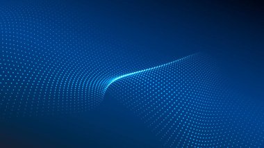 Karanlık bir zemin üzerinde akan parçacıklar dalgası. Dalgaların ve noktaların dinamik elementleriyle soyut arkaplan. Vektör illüstrasyonları