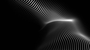 Karanlık bir zemin üzerinde akan parçacıklar dalgası. Dalgaların ve noktaların dinamik elementleriyle soyut arkaplan. Vektör illüstrasyonları