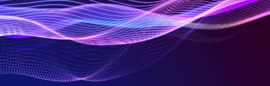 Parçacık akışı. Parlayan parçacıkların olduğu mor dalga arkaplanı. Bilgi teknolojisi geçmişi. 3d oluşturma.