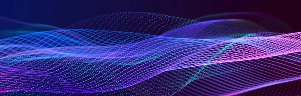 Müzik dalgası. Birbirine bağlı noktalar ve çizgiler olan güzel bir çizim. Dijital ağ arka planı. 3B görüntüleme