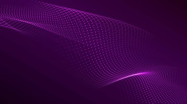 Karanlık bir zemin üzerinde akan parçacıklar dalgası. Dalgaların ve noktaların dinamik elementleriyle soyut arkaplan. Vektör illüstrasyonları