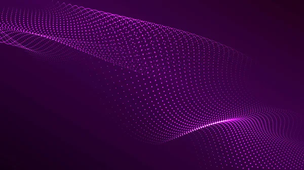 Karanlık bir zemin üzerinde akan parçacıklar dalgası. Dalgaların ve noktaların dinamik elementleriyle soyut arkaplan. Vektör illüstrasyonları