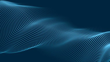 Karanlık bir zemin üzerinde akan parçacıklar dalgası. Dalgaların ve noktaların dinamik elementleriyle soyut arkaplan. Vektör illüstrasyonları