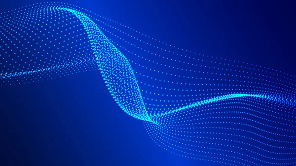 Karanlık bir zemin üzerinde akan parçacıklar dalgası. Dalgaların ve noktaların dinamik elementleriyle soyut arkaplan. Vektör illüstrasyonları