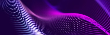 Parçacık akışı. Parlayan parçacıkların olduğu mor bir arkaplan. Bilgi teknolojisi geçmişi. 3d oluşturma