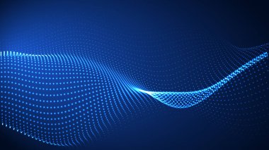 Karanlık bir zemin üzerinde akan parçacıklar dalgası. Dalgaların ve noktaların dinamik elementleriyle soyut arkaplan. Vektör illüstrasyonları