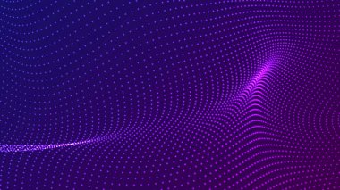 Karanlık bir zemin üzerinde akan parçacıklar dalgası. Dalgaların ve noktaların dinamik elementleriyle soyut arkaplan. Vektör illüstrasyonları