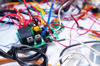 Ahşap masaüstünde uzanan renkli kablolar