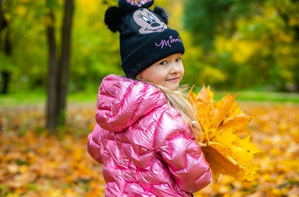 Bir kız elinde büyük bir buket akçaağaç yaprağı tutuyor. — Stok fotoğraf