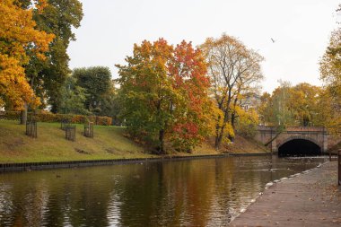 Riga 'daki bir parktaki su kanalının panoramik görüntüsü 