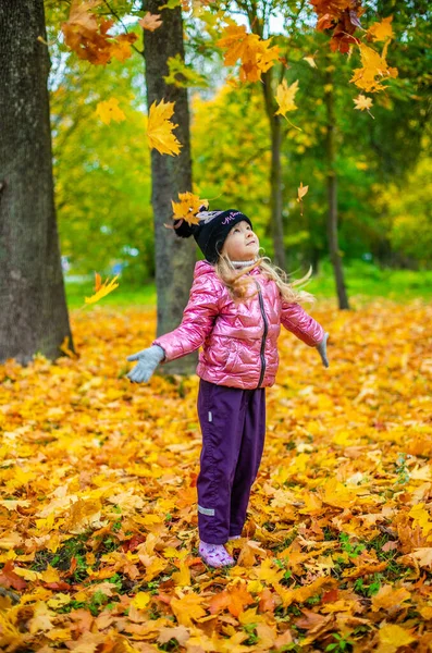 Ein Mädchen wirft viele gelbe Ahornblätter in die Luft — Stockfoto