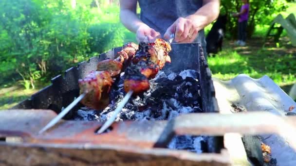 Egy kebab a grillen a nyári napon. — Stock videók