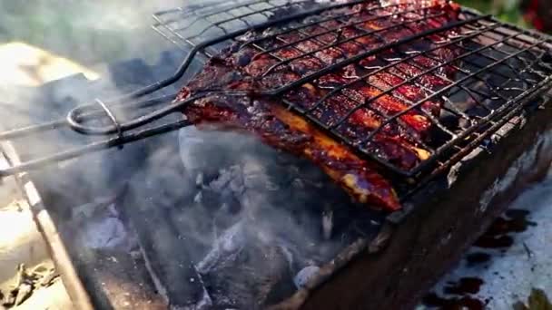 A barbecue ribs on the grill on summer day — Stock Video