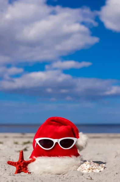 Christmas background Santa Claus hat on the beach with starfish and sunglases.Christmas card and advent calendar concept. Travel ticket sale concept for christmas holidays.Copy space.Vertical photo