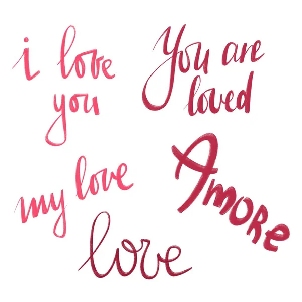Szeretlek Love Kalligráfia Kifejezések Gyönyörű Írás Állítsa Kifejezések Piros Szín — Stock Fotó