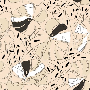 Soyut tropikal yapraklar kusursuz desenler çizer. Modern canavar yaprağı bir çizgi üzerinde karalama arkaplanı çiziyor. Moda tasarımı için çağdaş vektör illüstrasyonuName