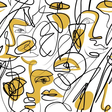 Soyut kadın portresi kusursuz desenler çizer. Modern kadın yüzü, gözleri, dudakları karalama arka planına çizilmiş. Moda tasarımı için çağdaş vektör illüstrasyonuName