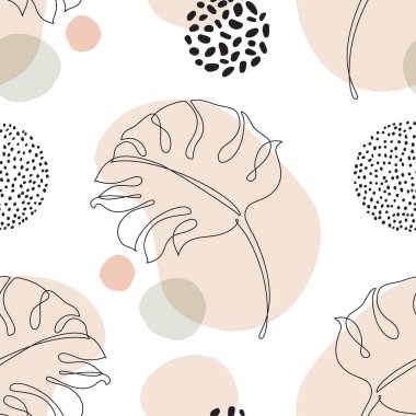 Minimum botanik kusursuz desen. Tropikal canavar yaprağı silueti karalama geometrik şekiller arka planında sanat çizgisinde. Basit vektör tasarımı. El çizimi sanat botanik çizimi