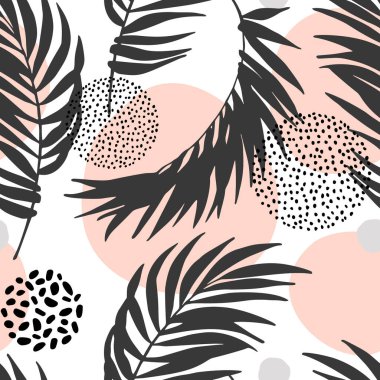 Siyah palmiye yaprağı siluetleri ve minimal memphis tarzında geometrik şekilleri olan soyut tropik yapraklar. Moda tasarımı için vektör, baskı, tekstil, kumaş, duvar kağıdı, yaz arkaplanı