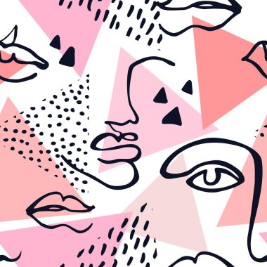 Modern sürekli çizgili sanat yüzleri, geometrik şekiller kusursuz desenler. Moda tasarımı, baskı, tekstil, kumaş, duvar kağıdı için el çizimi geometrik portreler. Vektör sanatı
