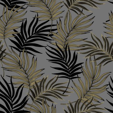 Tek renkli tropikal yapraklar, gri ve altın renkli, pürüzsüz desenler. El çizimi palmiye yaprakları siluetler ve eskizler. Yaz plajı baskısı için vektör illüstrasyonu, duvar kağıdı tasarımı