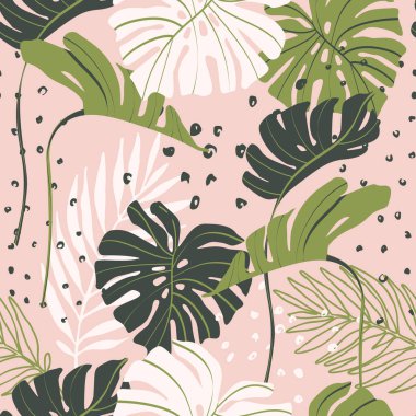 Minimum çiçekli, pürüzsüz desen. Soyut canavar ve karalama dokusu arka planında palmiye yaprakları. Basit vektör tasarımı. El çizimi sanat botanik çizimi yaz tasarımı, kumaş, duvar kağıdı