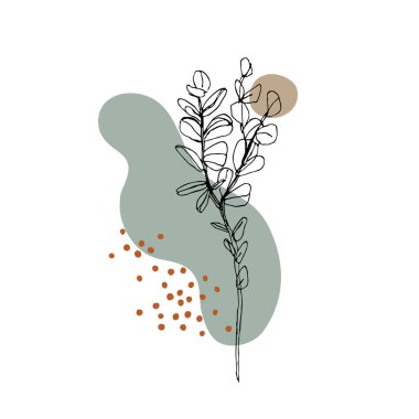 Soyut geometrik şekilli botanik duvar sanatı, çayır yaprakları çizimi, minimal karalamalar. Asgari baskı için çağdaş poster, boho duvar dekoru, düz tasarım Vektör minimal sanat