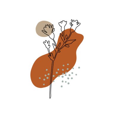Soyut geometrik şekilli botanik duvar sanatı, çayır çiçekleri çizimi, minimal karalamalar. Asgari baskı için çağdaş poster, boho duvar dekoru, düz tasarım Vektör minimal sanat