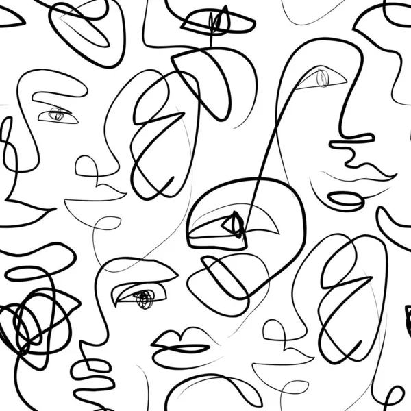 摘要妇女肖像笔画无缝图案 现代女性的脸 嘴唇在一条线上画着涂鸦背景 时尚设计的当代矢量图解 城市街道壁纸 — 图库矢量图片