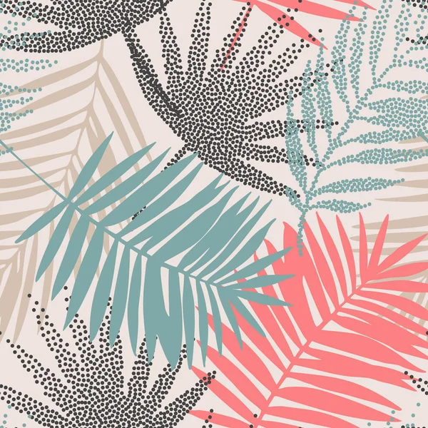 Noktalı Palmiye Yaprakları Geçmişe Dönük Renklerde Olan Tropik Pürüzsüz Desenler — Stok Vektör