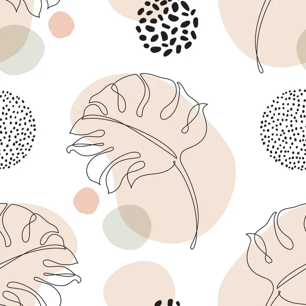 Minimum botanik kusursuz desen. Tropikal canavar yaprağı silueti karalama geometrik şekiller arka planında sanat çizgisinde. Basit vektör tasarımı. El çizimi sanat botanik çizimi