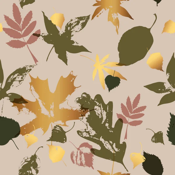 Autumn Leaves Seamless Pattern Golden Gradient Green Colors Grunge Textured — Stock Vector