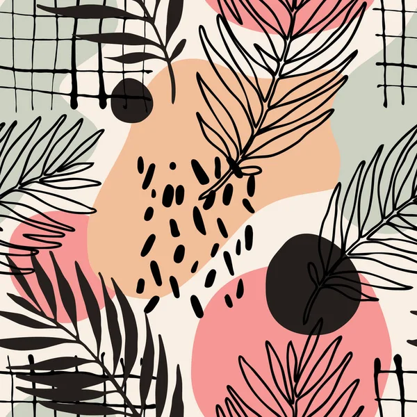 Özet asgari arkaplan. Modern, pürüzsüz desen: bir çizgi sanat palmiyesi siluet, geometrik şekiller, karalama dokusu bırakır. Yaz tasarımı için el çizimi vektör çizimi çizimi, boho, hipster kumaş