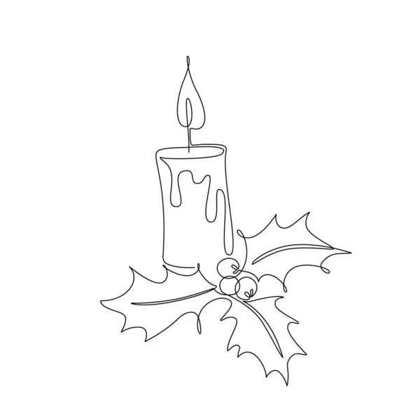 抽象的蜡烛和冬青浆果线条在白色背景上隔离 持续的圣诞节假期艺术 圣诞节标志着一行艺术设计 印刷品 海报的手绘矢量 — 图库矢量图片