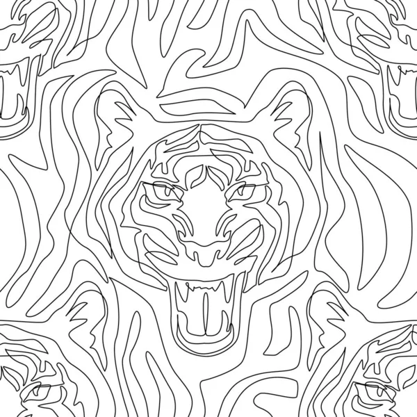 Tiger Head One Line Drawing Skin Print Seamless Pattern Tiger — Stock Vector