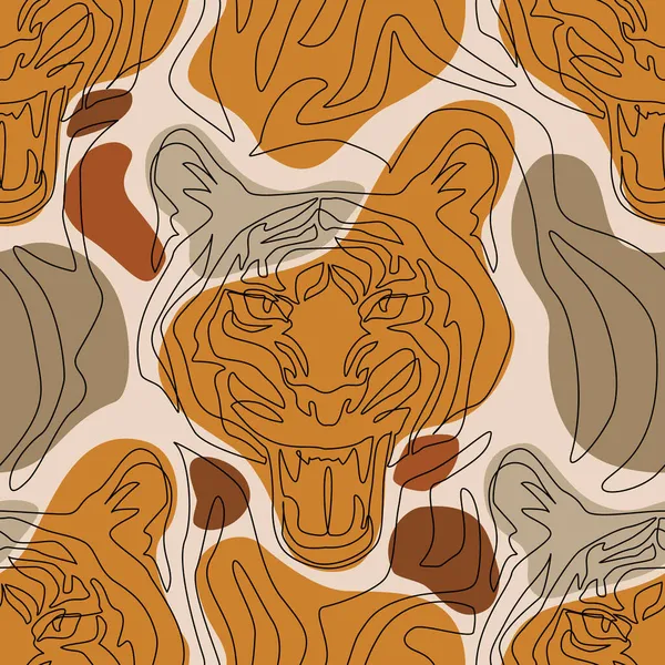 Tiger Kopf Linie Zeichnet Minimale Elemente Nahtlose Muster Tigermund Offen — Stockvektor