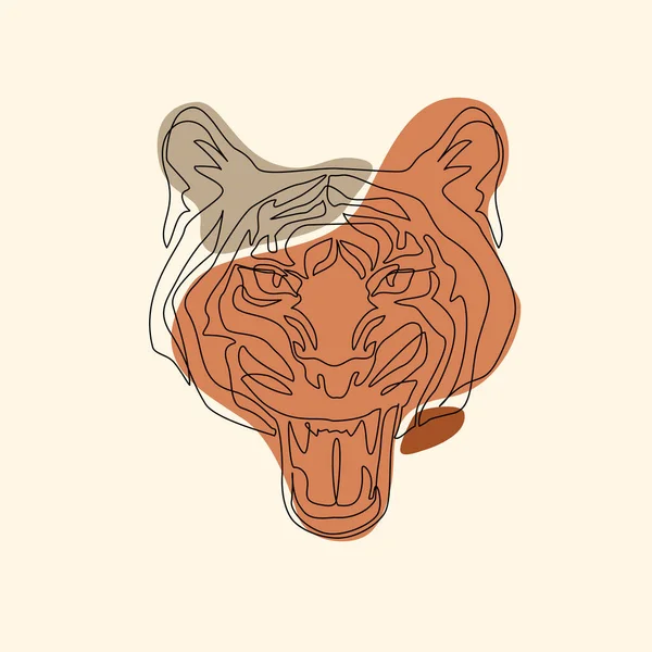 Tiger Head One Line Drawing Style Tiger Mouth Open Roaring — Stock Vector