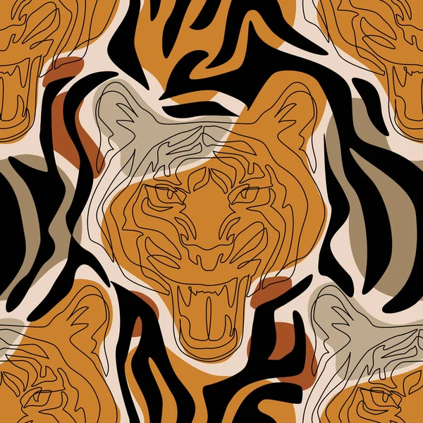Tiger Head Line Drawing Minimal Elements Seamless Pattern Tiger Mouth — Stock Vector