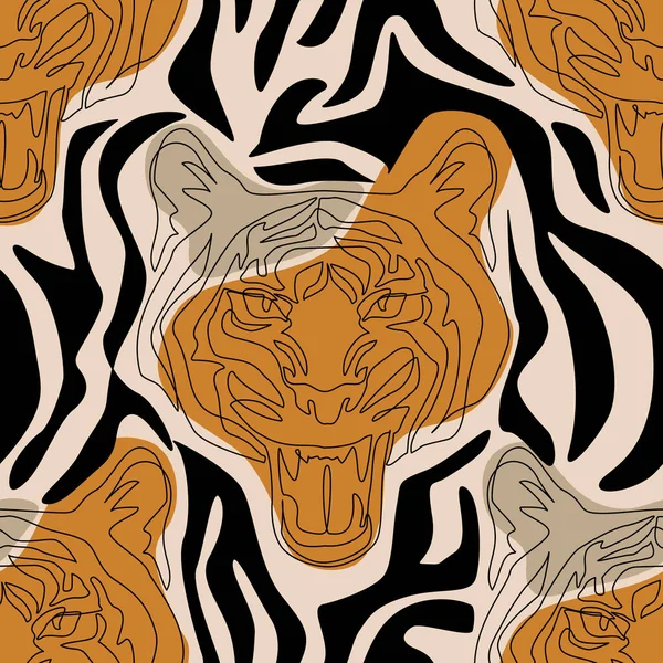Tiger Kopf Linie Zeichnet Minimale Elemente Nahtlose Muster Tigermund Offen — Stockvektor