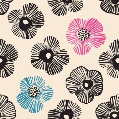 Çiçeksiz, soyut bir desen. Çiçeklerin arka planında retro mavi pembe renkler var. Büyük, çiçek açan papatya çiçekleri. Ambalaj, tekstil, kumaş, duvar kağıdı vs. için dekoratif sanat illüstrasyonu