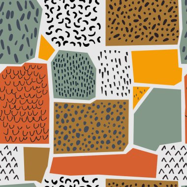 Soyut geometrik dikişsiz desen. Formlar, şekiller, kağıt kesikleri, karalama dolu arka plan, el yazısı. Tekstil, duvar kâğıdı, sanat baskısı için el yapımı retro tasarım minimal memphis tarzı