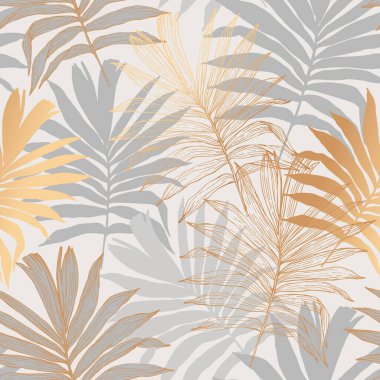 Altın tropikal yapraklar kusursuz desenler çiziyor. Soyut palmiye yaprağı çizimi, lüks gri arka planda siluet. Duvar kağıdı ve tekstil tasarımı için yaratıcı tropik çizimler. Vektör sanatı