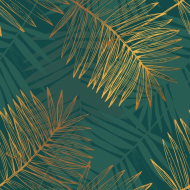 Altın tropikal yapraklar kusursuz desenler çiziyor. Soyut palmiye yaprağı çizimi, lüks yeşil arka planda siluet. Duvar kağıdı ve tekstil tasarımı için yaratıcı tropik çizimler. Vektör sanatı