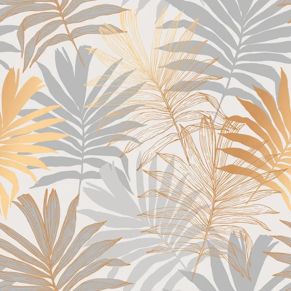 Folhas Tropicais Douradas Desenhando Padrão Sem Costura Abstract Palm Leaf —  Vetores de Stock