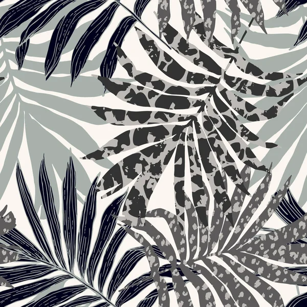 Feuilles Palmier Abstraites Remplies Impression Animale Motif Moderne Tendance Tropical — Image vectorielle