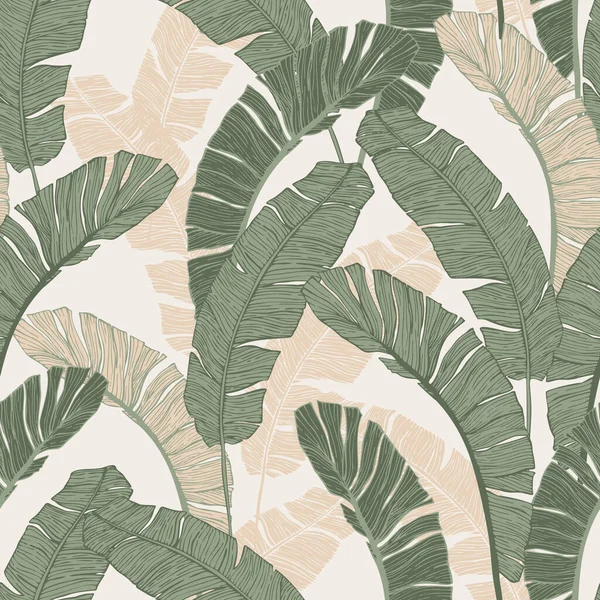 Зеленые Тропические Листья Рисуют Бесшовный Узор Абстрактная Линия Банановых Листьев — стоковый вектор