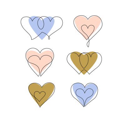 Soyut kalp şekli çizimi, siluetler hazır. Kupa sanatının aralıksız çizgisi. Aşk sembolü çizimi. Sevgililer Günü kartı için kesintisiz vektör sanat koleksiyonu, düğün davetiyesi
